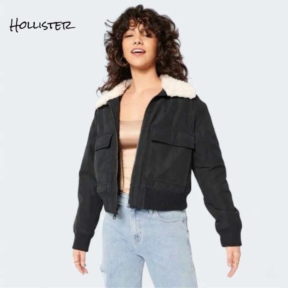 Hollister Women’s Sherpa Collar All-Weather Bomber Jacket fur lined cropped - Picture 2 of 14